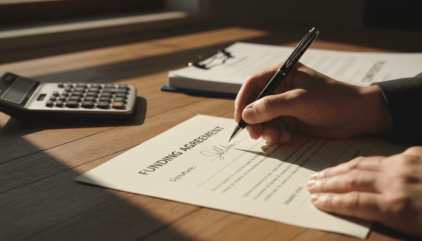 Hands signing funding agreement document with credit report visible