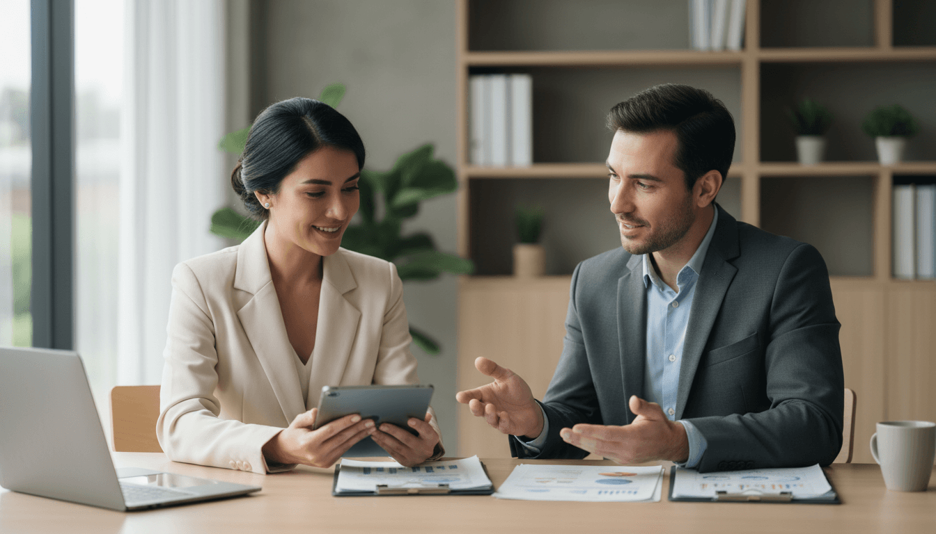 Professional financial consultant meeting with client to discuss funding options