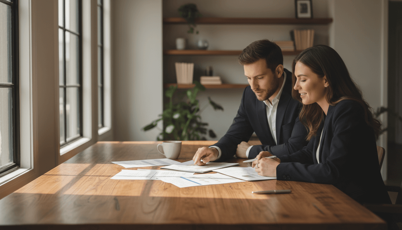 Two professionals reviewing funding documents together at a desk in a bright office