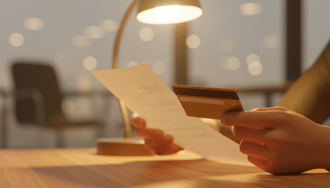 Hands holding credit card and financial documents