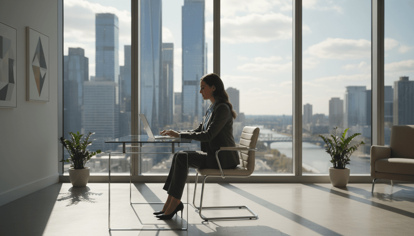 Business professional working on laptop with cityscape background.