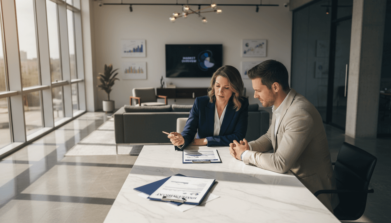Financial advisor reviewing funding options with a client in a modern Atlanta office