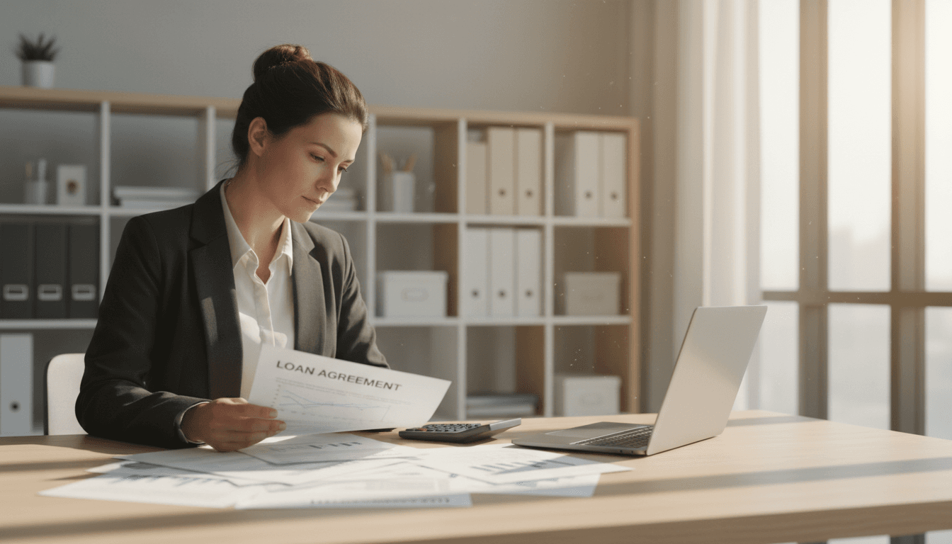 Woman reviewing funding documents at desk