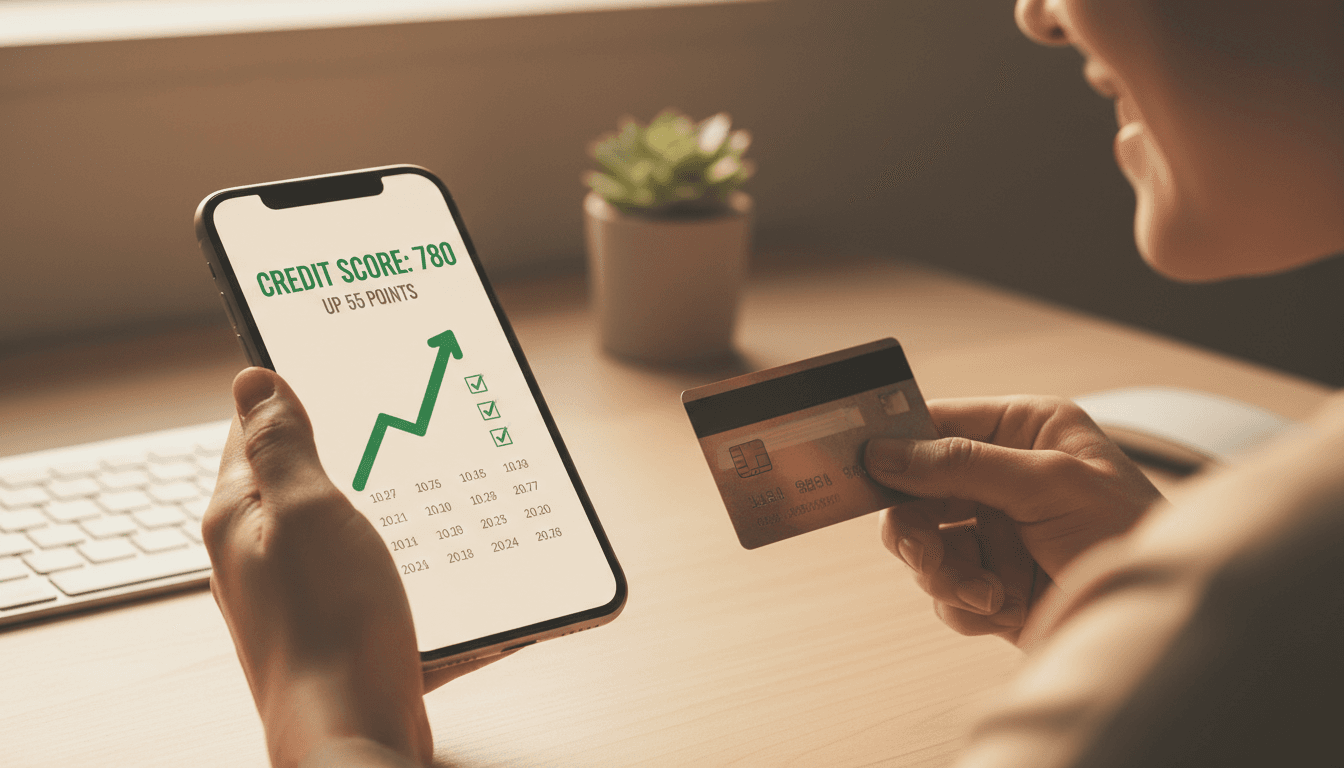 Person reviewing improved credit score on phone