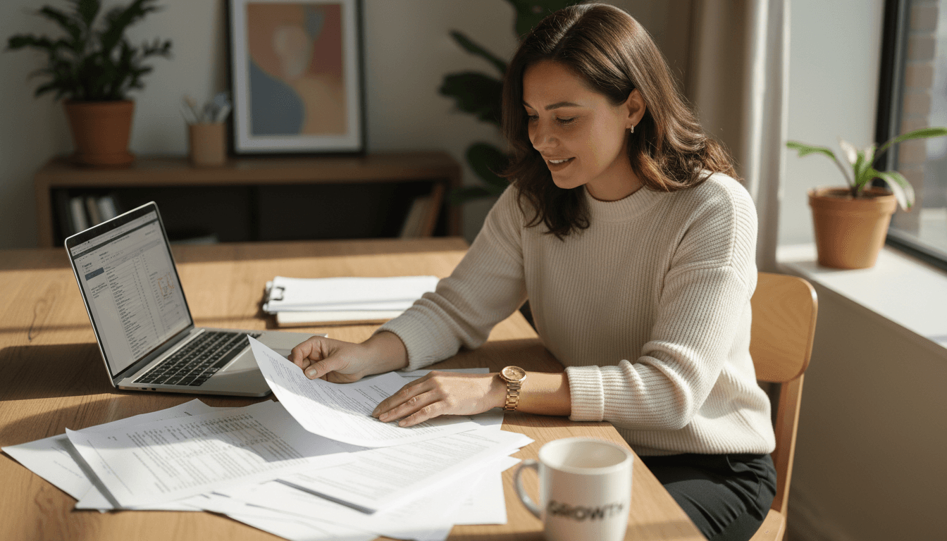 Professional reviewing funding application documents at desk with laptop