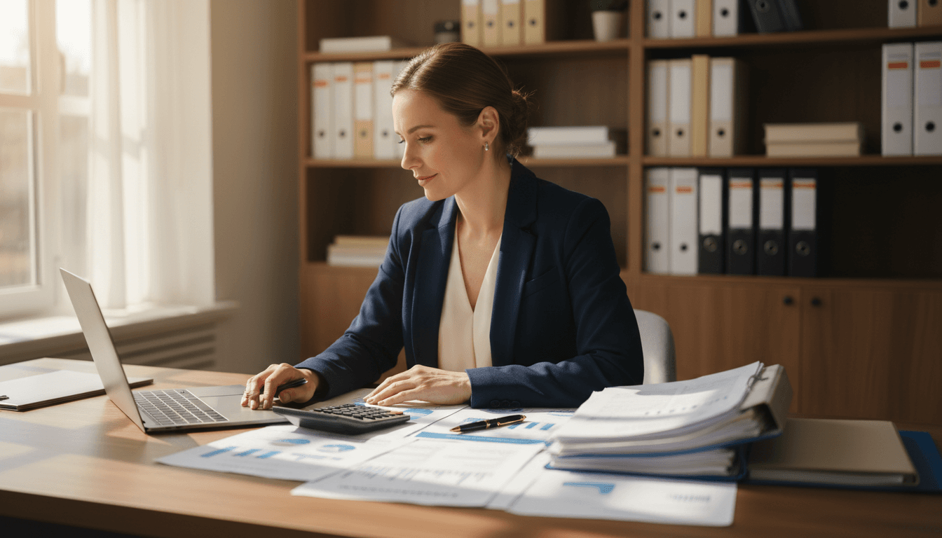 Professional reviewing funding documents at desk in bright natural light